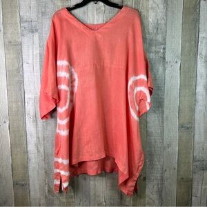 Match Point V-Neck Short Sleeve Tie Dye Lagenlook/Oversized Tunic Top No Stretch